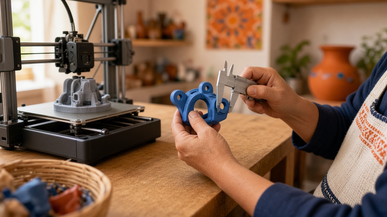 Persona midiendo con un calibrador una pieza impresa en 3D junto a la impresora
